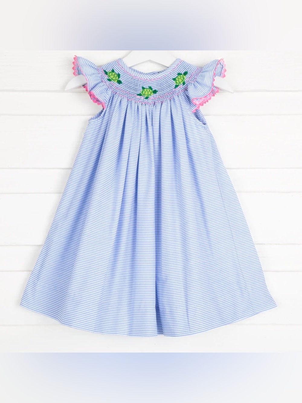 Southern Sunshine Girls Size 6 Smocked Turtle Bishop Dress Blue Stripe Pink